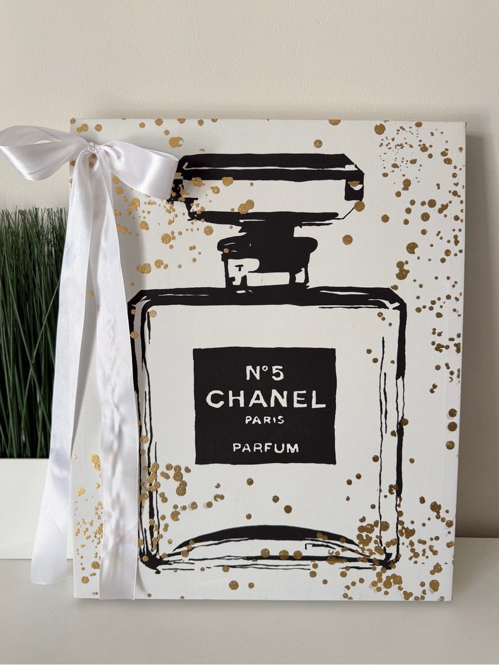 Chanel No. 5 Perfume Canvas Wall Art Gold Splash White Bow 16x20
